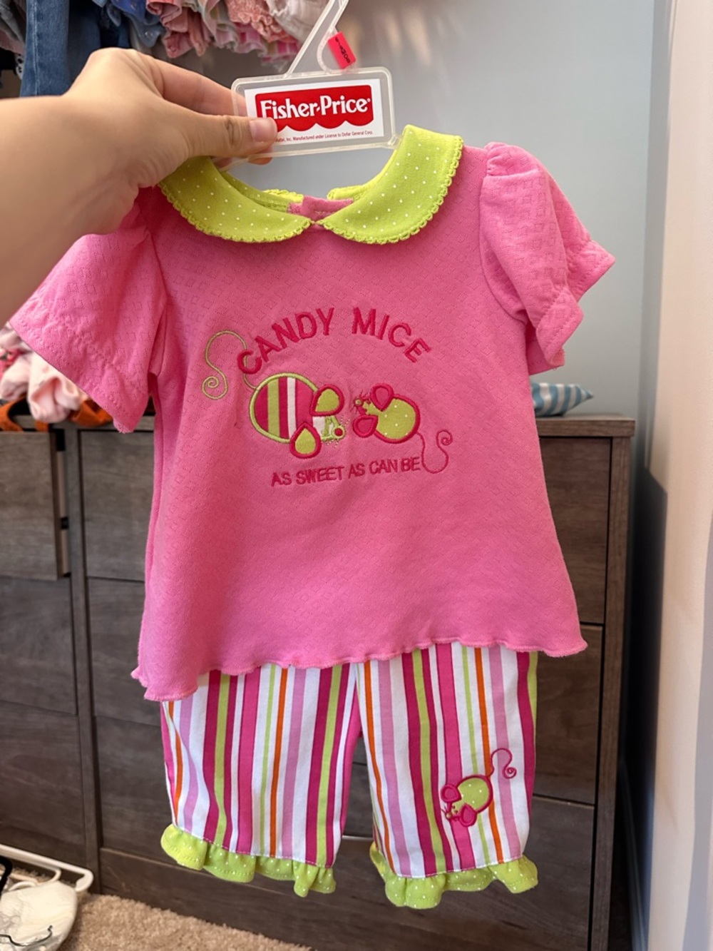 Vintage Fisher-Price Pink and Lime 'Candy Mice' Two-Piece Set